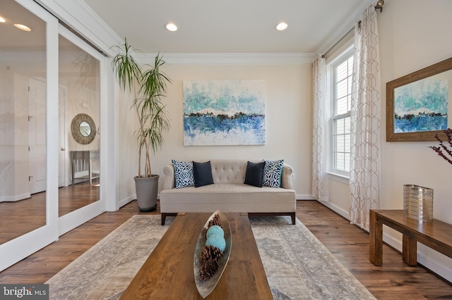 living area featuring recessed lighting, wood finished floors, a healthy amount of sunlight, and crown molding