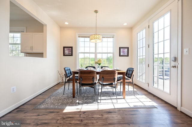 dining space with recessed lighting, baseboards, wood finished floors, and a healthy amount of sunlight