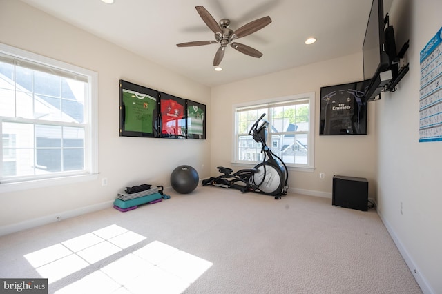 workout room with baseboards, recessed lighting, a ceiling fan, and carpet flooring