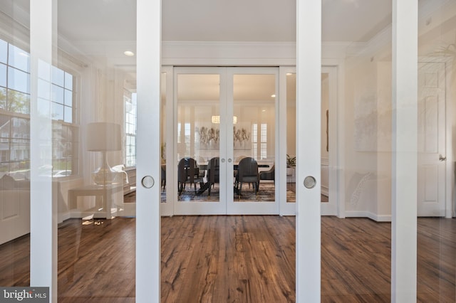 interior space featuring wood finished floors, french doors, a healthy amount of sunlight, and crown molding