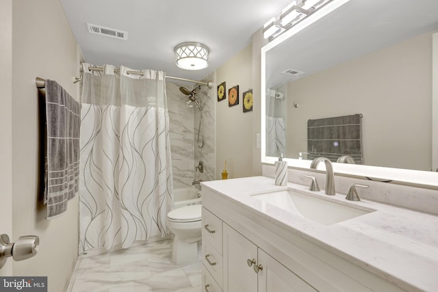 bathroom featuring visible vents, toilet, marble finish floor, and shower / tub combo with curtain