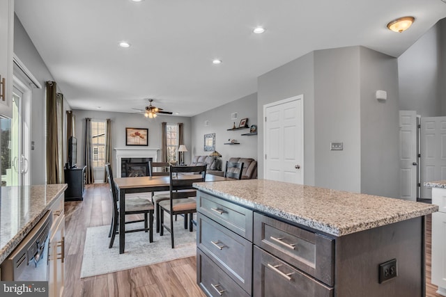 kitchen featuring light wood-type flooring, recessed lighting, a glass covered fireplace, a ceiling fan, and stainless steel dishwasher