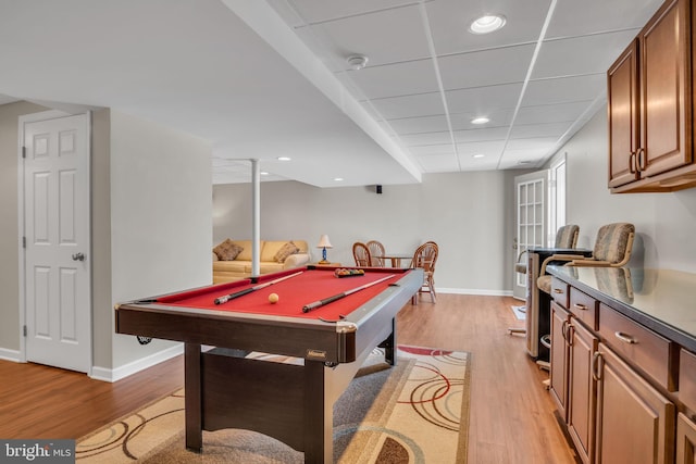 recreation room with pool table, light wood-type flooring, and baseboards