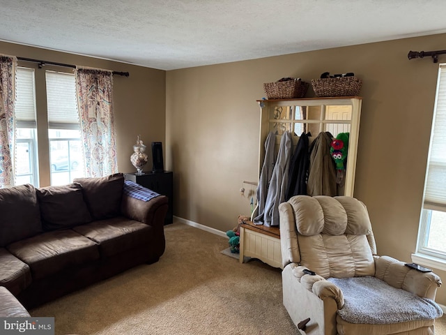 carpeted living room featuring a textured ceiling and baseboards