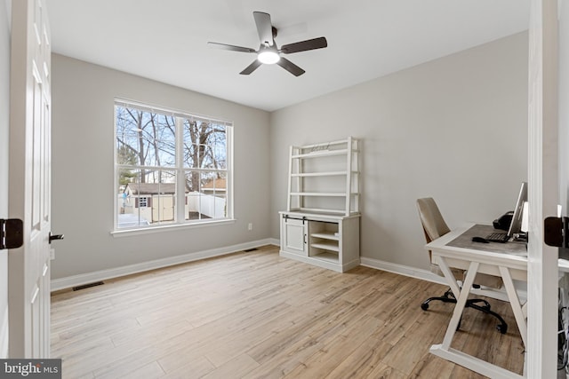 office area with baseboards, visible vents, a ceiling fan, and light wood-style floors