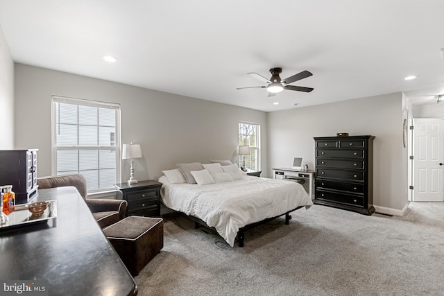 carpeted bedroom with recessed lighting, baseboards, and a ceiling fan