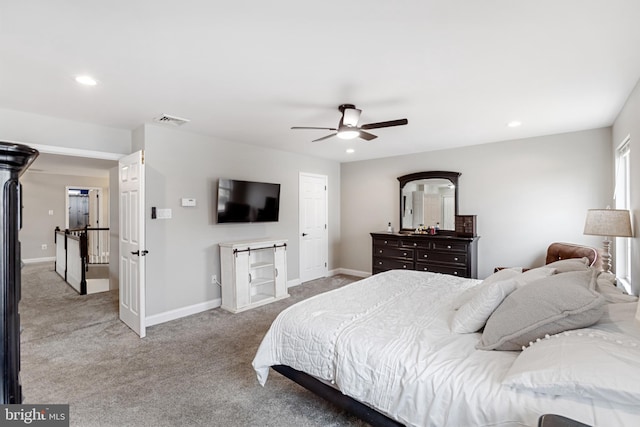 bedroom with visible vents, baseboards, carpet floors, recessed lighting, and a ceiling fan