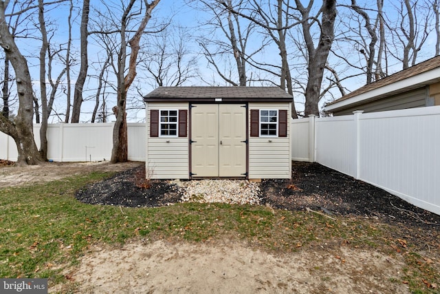 view of shed with a fenced backyard