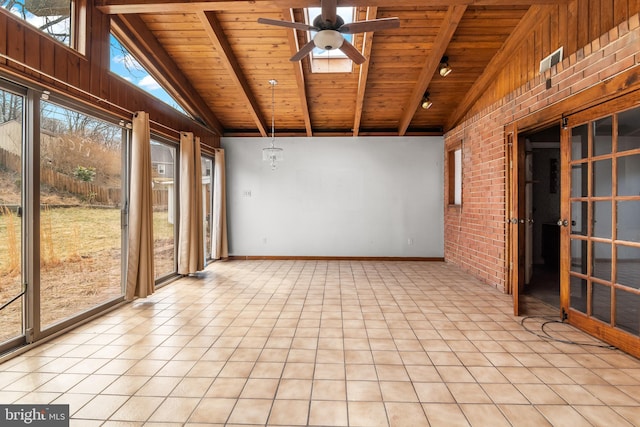 unfurnished sunroom with lofted ceiling with beams, wood ceiling, and a ceiling fan