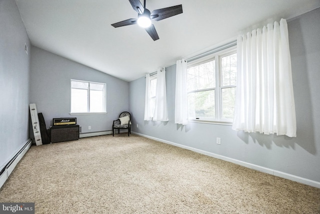 unfurnished room with baseboards, carpet floors, lofted ceiling, ceiling fan, and a baseboard heating unit