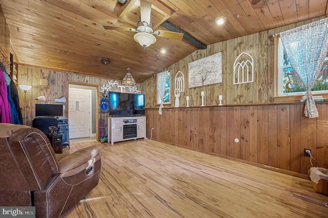 living room with a ceiling fan, lofted ceiling with beams, wood finished floors, wooden walls, and wood ceiling