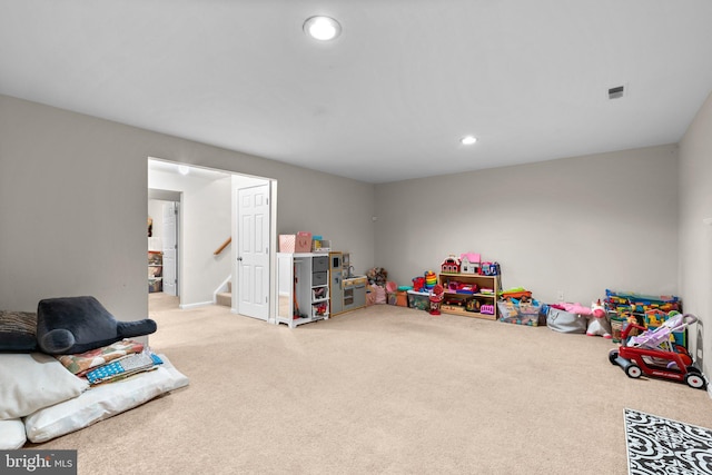 game room with visible vents, recessed lighting, and carpet