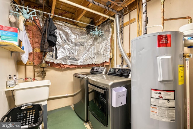 utility room with water heater and washer and clothes dryer