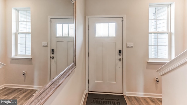 foyer entrance with baseboards and wood finished floors