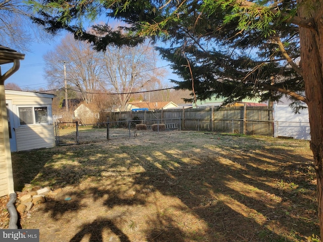 view of yard featuring a fenced backyard and a gate