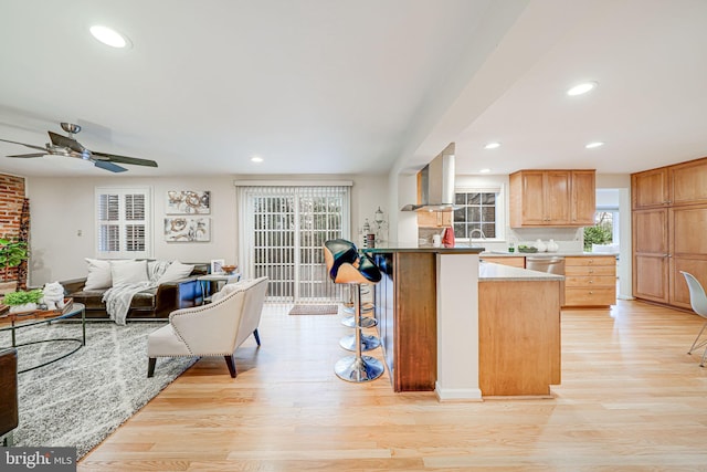 kitchen featuring a ceiling fan, island exhaust hood, stainless steel dishwasher, open floor plan, and light wood finished floors