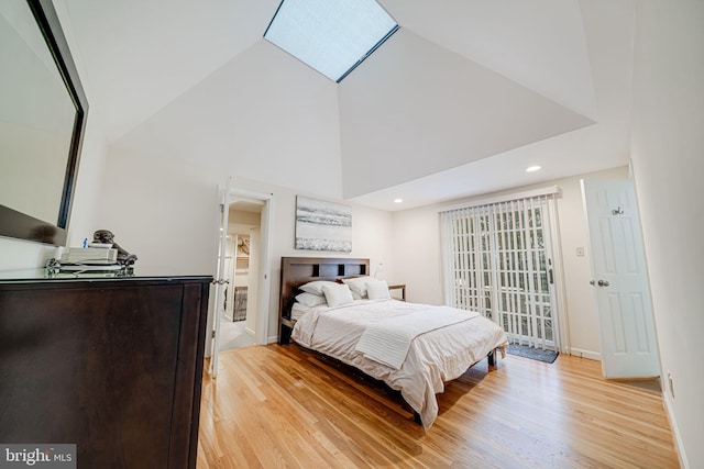 bedroom featuring recessed lighting, light wood-style flooring, high vaulted ceiling, and baseboards