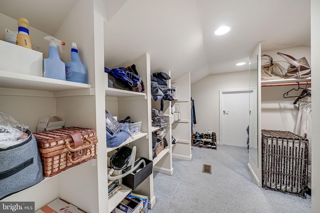 walk in closet with carpet floors