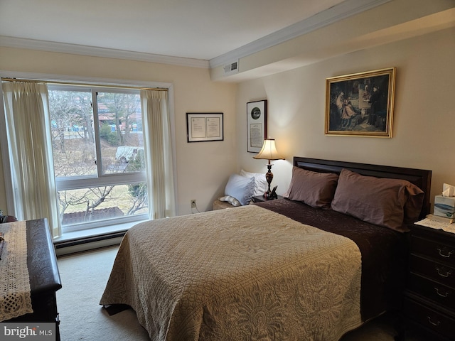 carpeted bedroom featuring visible vents, baseboard heating, and crown molding