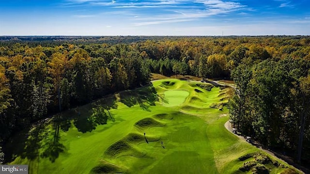 birds eye view of property with a forest view and view of golf course