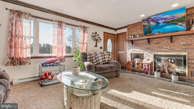 living area with a baseboard heating unit, a brick fireplace, recessed lighting, and ornamental molding