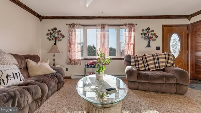 living room featuring a baseboard heating unit, baseboard heating, ornamental molding, and carpet