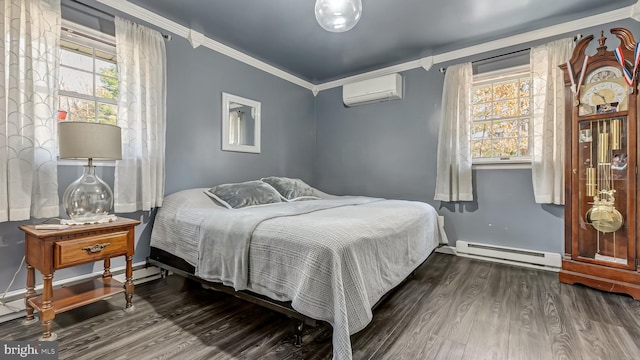 bedroom with a baseboard heating unit, a wall unit AC, ornamental molding, dark wood-style floors, and a baseboard radiator