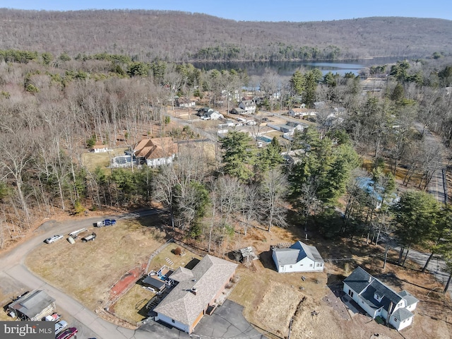 drone / aerial view featuring a forest view and a water view