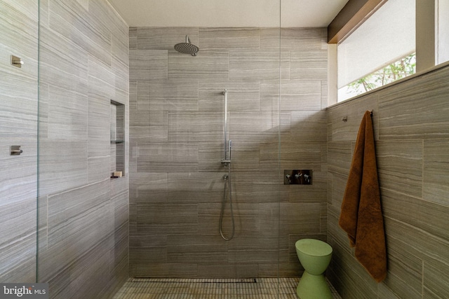bathroom with toilet and a tile shower