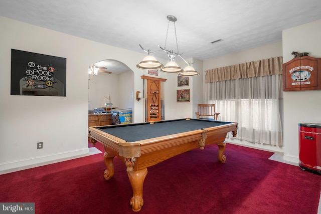recreation room featuring baseboards, visible vents, and carpet