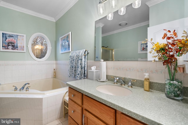 bathroom with a garden tub, a stall shower, vanity, ornamental molding, and tile patterned flooring