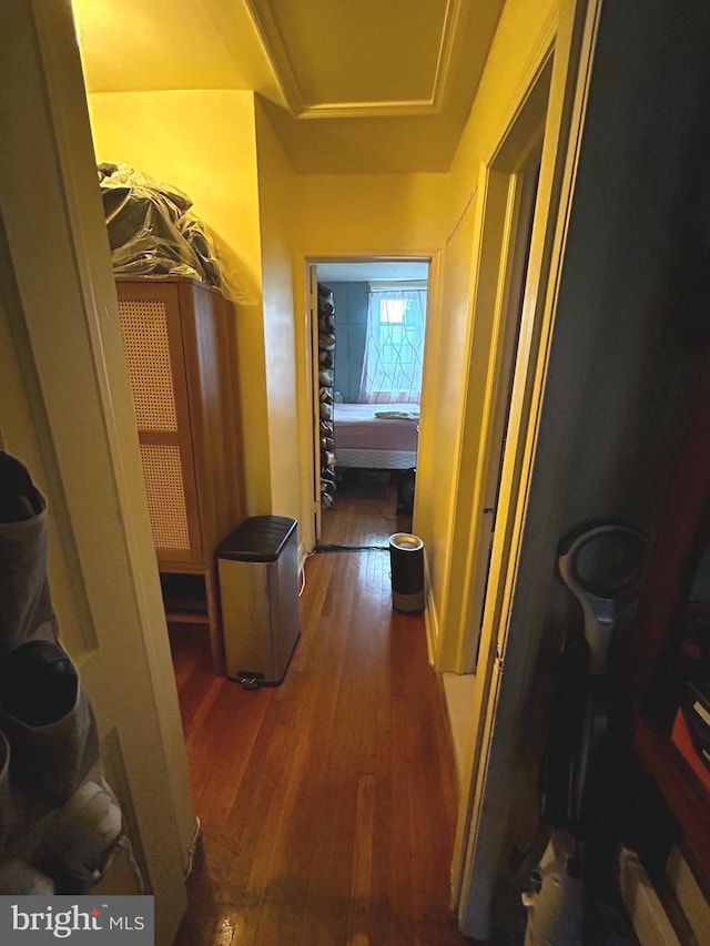 2834 Edgecombe Cir S, Baltimore, MD 21215 - hall with hardwood / wood-style flooring and attic access