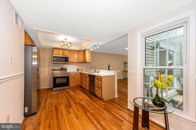 kitchen with appliances with stainless steel finishes, a peninsula, wood finished floors, a chandelier, and light countertops