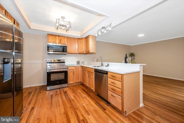 kitchen featuring appliances with stainless steel finishes, a sink, a peninsula, light wood-type flooring, and crown molding