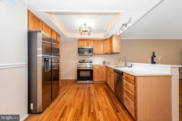 kitchen with appliances with stainless steel finishes, a sink, a peninsula, and light wood-type flooring