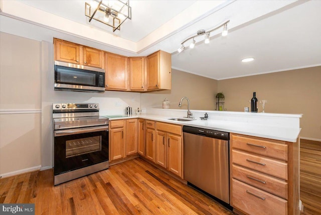 kitchen with stainless steel appliances, a sink, a peninsula, wood finished floors, and ornamental molding