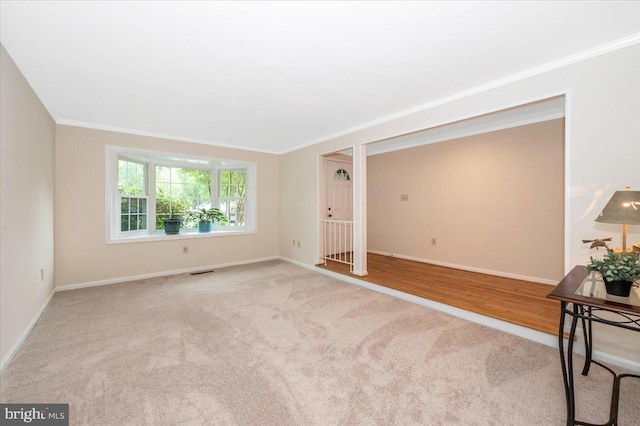 spare room with ornamental molding, baseboards, and carpet flooring