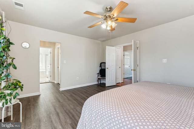 bedroom featuring baseboards, visible vents, dark wood-style flooring, and ceiling fan