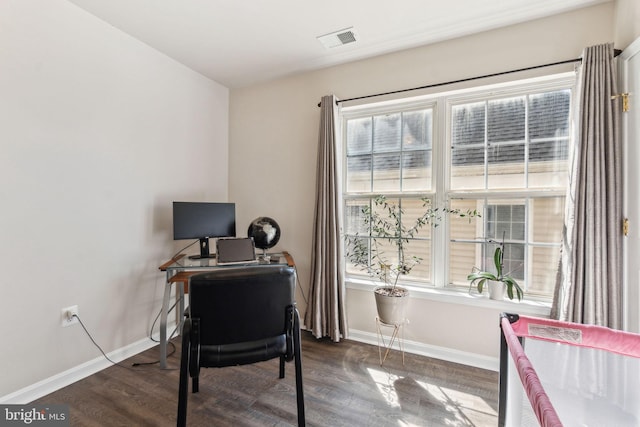office area featuring visible vents, baseboards, and wood finished floors