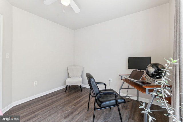 office area featuring baseboards, wood finished floors, and a ceiling fan