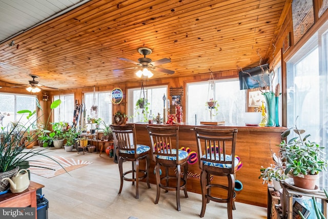 bar with wood finished floors, a dry bar, a ceiling fan, and wooden ceiling