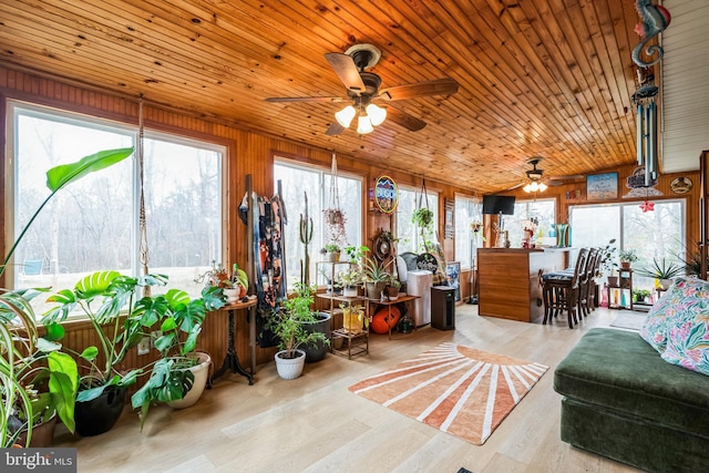 sunroom featuring wooden ceiling and a ceiling fan
