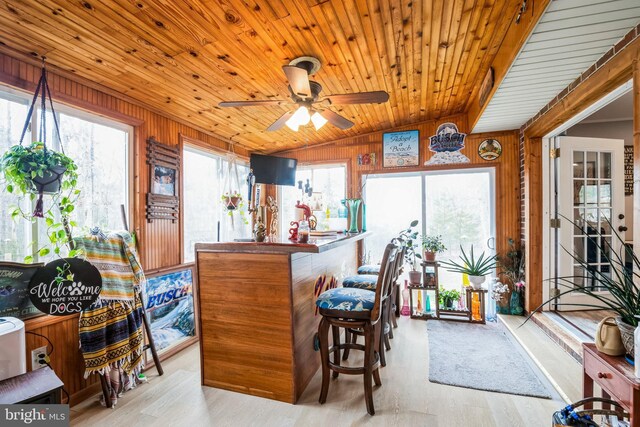 bar featuring wooden walls, wood ceiling, wood finished floors, and a ceiling fan