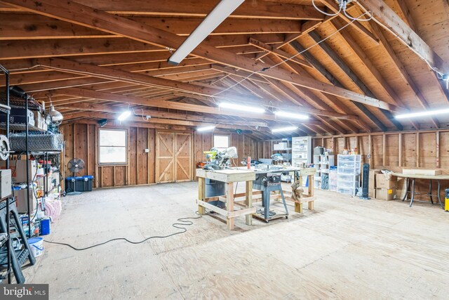 basement with a workshop area
