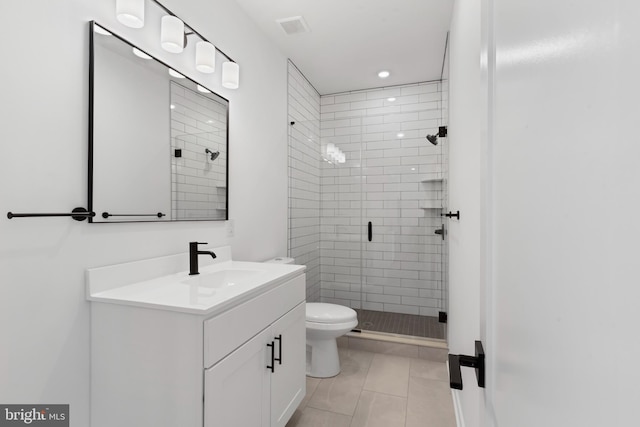 full bathroom with vanity, visible vents, tile patterned flooring, a shower stall, and toilet