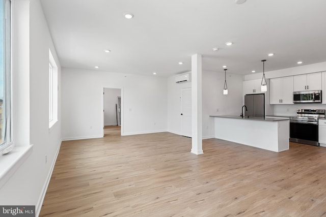 kitchen featuring a sink, light wood-type flooring, open floor plan, and stainless steel appliances