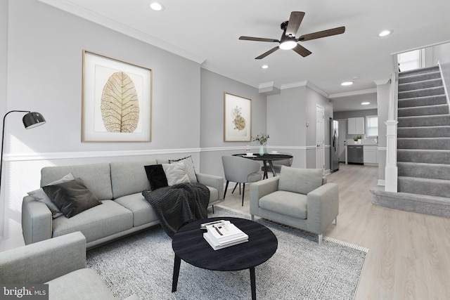 505 N Rose St, Baltimore, MD 21205 - living room featuring stairway, recessed lighting, ceiling fan, light wood-style floors, and crown molding