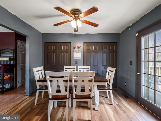 dining room with visible vents, a ceiling fan, light wood-style flooring, and baseboards