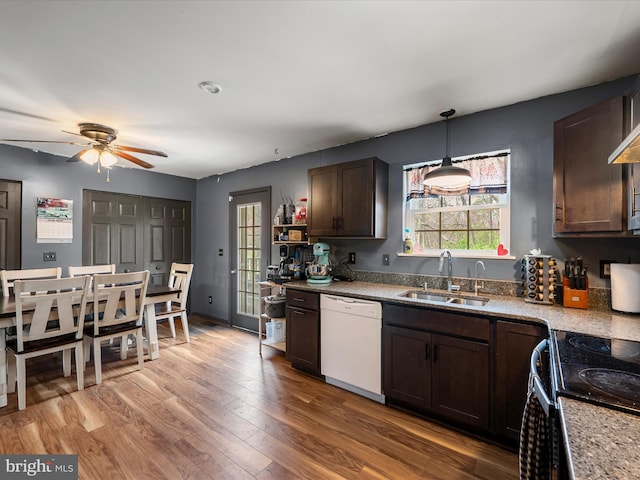 kitchen featuring light wood finished floors, a sink, white dishwasher, dark brown cabinetry, and a ceiling fan