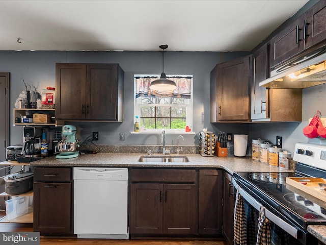 kitchen featuring electric range, extractor fan, white dishwasher, dark brown cabinets, and a sink